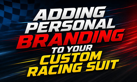 Text graphic stating "Adding personal branding to your custom racing suit" with a blue and red checkered background.