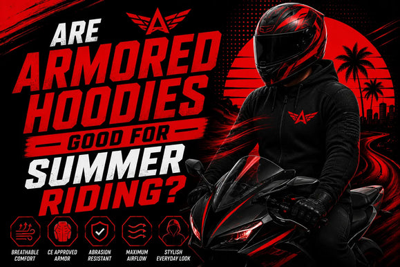 A person wearing an armored hoodie while riding a motorcycle in warm weather, showcasing summer riding gear options.