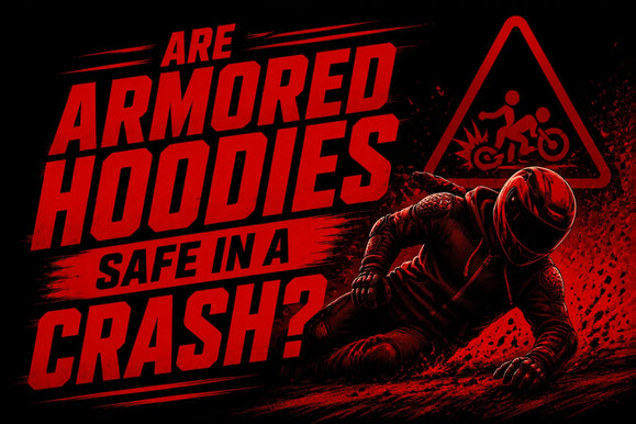 Bold red text asks, "Are armored hoodies safe in a crash?" with an illustration of a motorcyclist in protective gear leaning low.