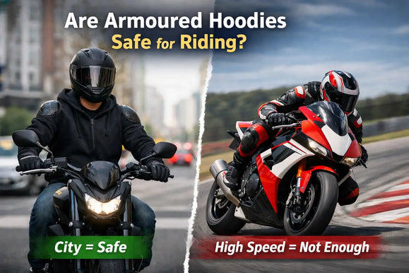 Motorcyclists wearing armoured hoodies; city riding labeled safe, high-speed riding labeled not enough protection.