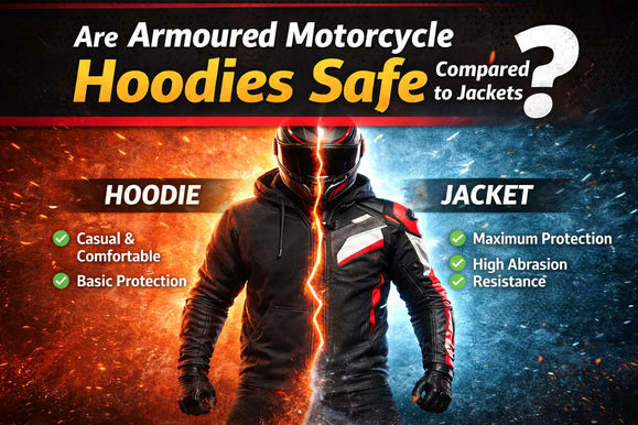 Split image comparing armored motorcycle hoodie and jacket safety, highlighting casual comfort vs. maximum protection.