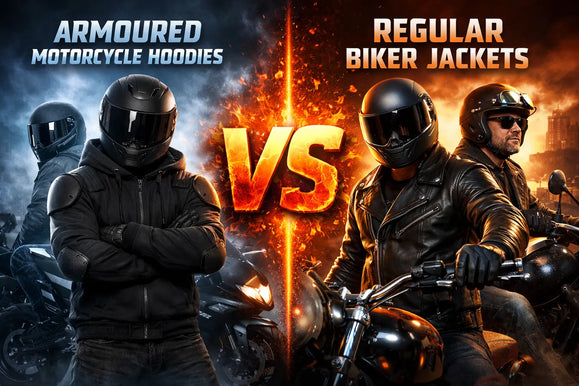 Armoured motorcycle hoodie riders on left versus regular biker jacket riders on right, separated by fiery VS symbol in middle.