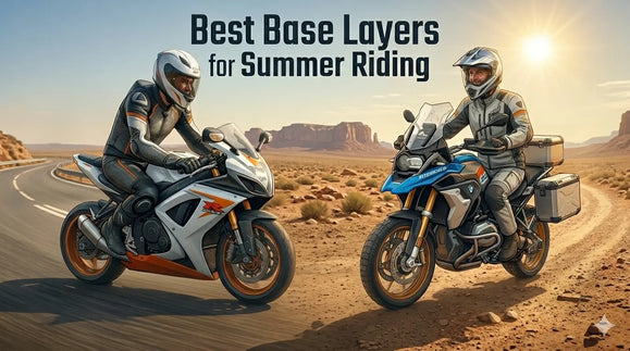 Two motorcyclists wearing protective base layers ride on desert roads under a bright sun with text "Best Base Layers for Summer Riding."