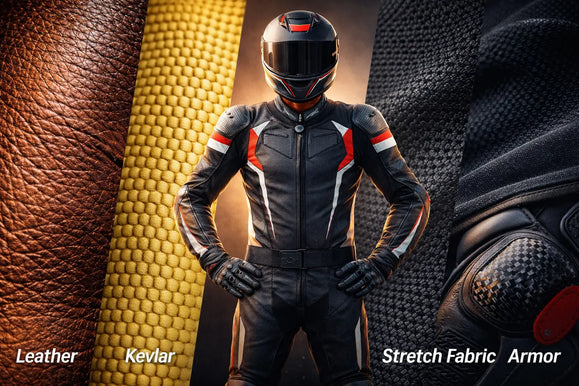 Motorcyclist in full protective gear showcased with close-ups of leather, Kevlar, stretch fabric, and armor materials.
