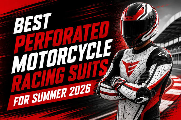 Motorcycle racer in red, black, and white perforated racing suit and helmet standing with arms crossed on racetrack.