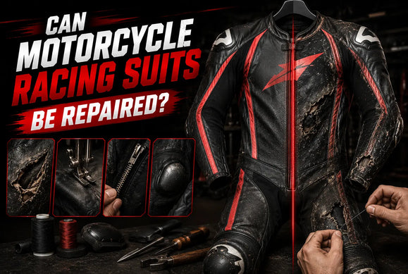 Motorcycle racing suit damaged and worn on half, with tools, thread, and close-ups of repair elements on the left side.
