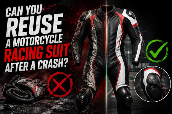 Split image of a motorcycle racing suit, damaged and intact, asking if it can be reused after a crash with check and cross marks.