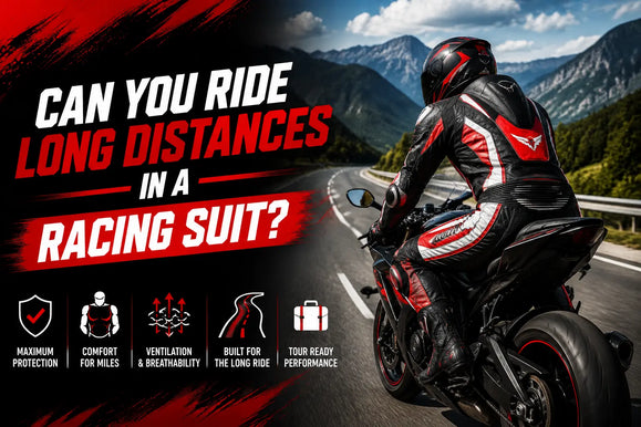 A person in a racing suit considers the comfort and practicality of riding long distances on a motorcycle.