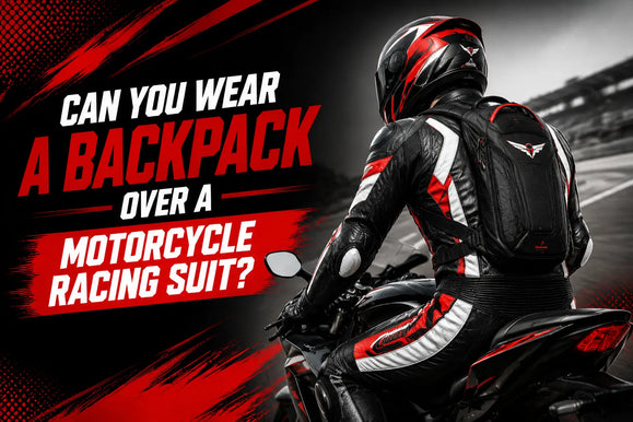 A motorcycle racing suit with a backpack worn over it, demonstrating compatibility and practicality for riders.