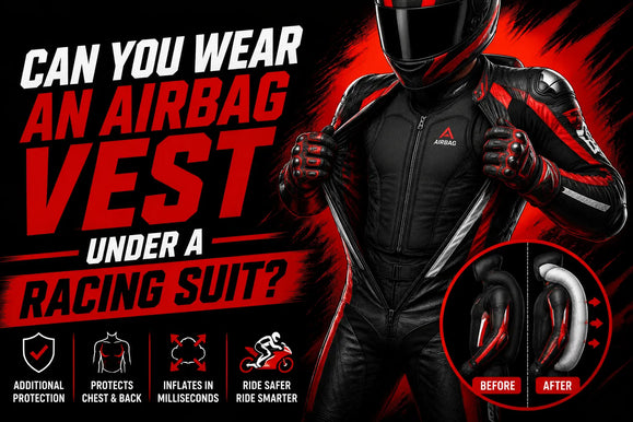 Motorcyclist wearing an airbag vest under a racing suit, highlighting protection, fast inflation, and safety benefits.