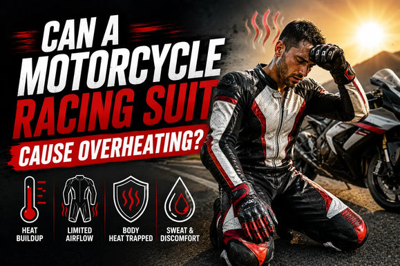 Man in a motorcycle racing suit kneeling on the road, wiping forehead with heat waves rising, next to a sportbike at sunset.