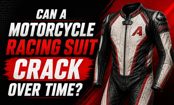 Motorcycle racing suit with visible cracks asking, "Can a motorcycle racing suit crack over time?" in bold white and red text.