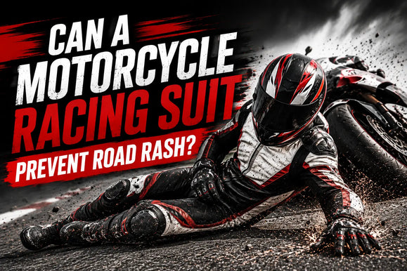 A motorcycle racing suit designed to protect against road rash, featuring reinforced areas and durable materials for safety.