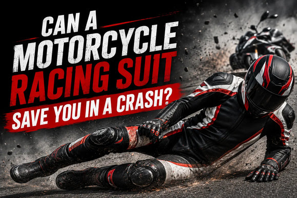 Motorcyclist sliding on ground in racing suit during crash, with text asking if the suit can save you in a crash.
