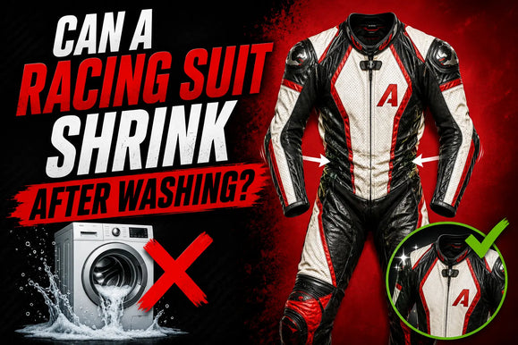 A racing suit displayed next to a washing machine, questioning if washing can cause it to shrink.