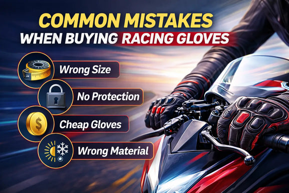 A motorcyclist's hands gripping the handlebars, with text highlighting common mistakes in buying racing gloves: wrong size, no protection, cheap gloves, wrong material.