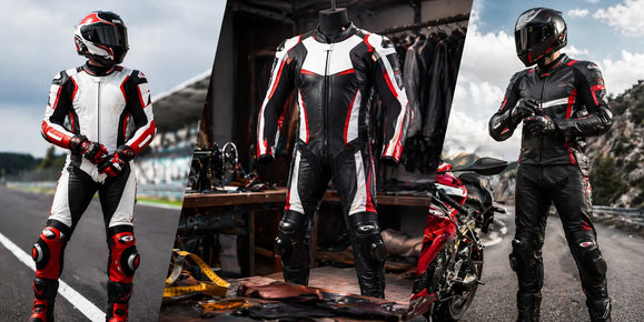Three images showing black, white, and red motorcycle racing suits: worn on track, displayed on mannequin, and worn near a red bike.
