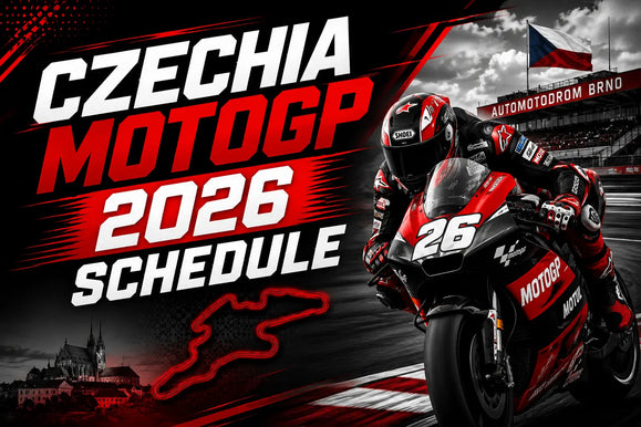 MotoGP 2026 Czechia schedule announcement with a racer on a red bike at Automotodrom Brno and Czech flag visible.