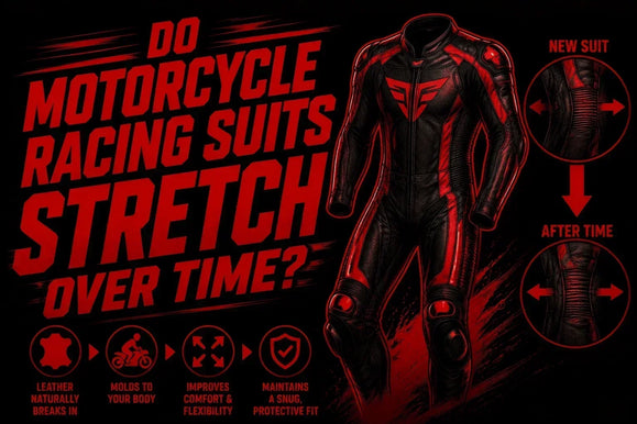 A motorcycle racing suit displayed with red text asking, "Do motorcycle racing suits stretch over time?"