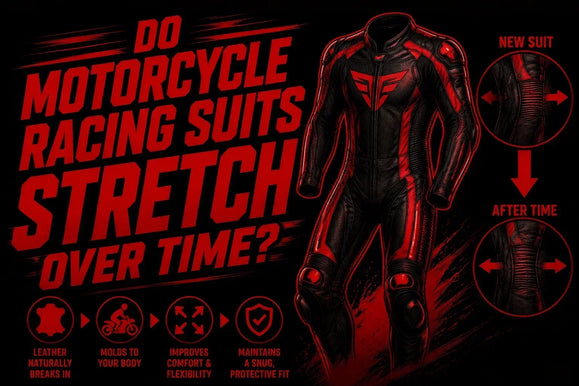 A motorcycle racing suit displayed with red text asking, "Do motorcycle racing suits stretch over time?"