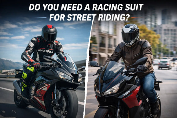 Split image showing two motorcyclists, one in full racing gear on a highway and one in casual jacket and jeans in city traffic.