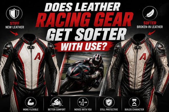Comparison of stiff new leather vs. softer broken-in racing gear with benefits like flexibility, comfort, protection, and character from use.