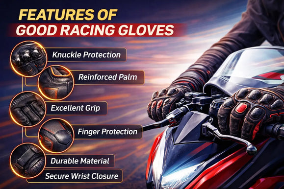 Motorcycle rider wearing racing gloves highlighting features: knuckle and finger protection, reinforced palm, excellent grip, durable material, and secure wrist closure.