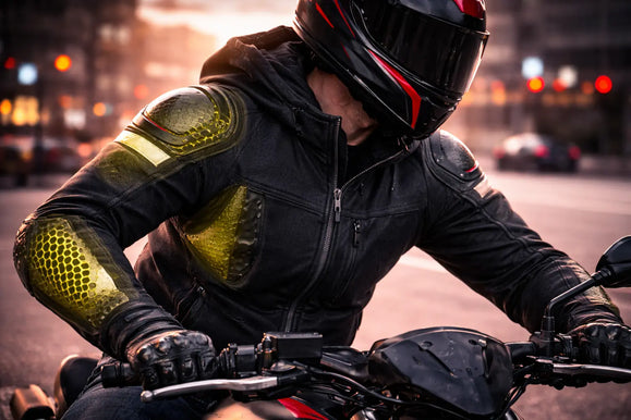 Motorcyclist wearing black jacket with yellow armor and black-red helmet riding a motorcycle in urban setting at dusk.