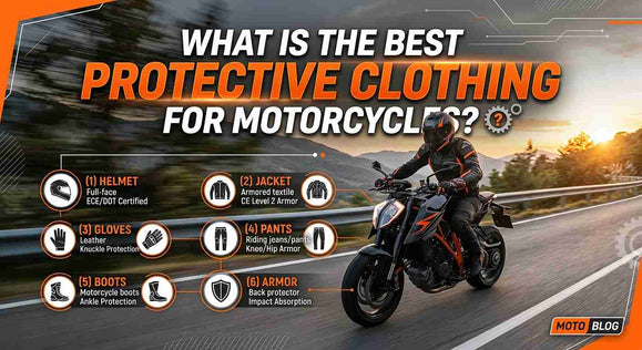 Infographic illustrating the 6 essential components of protective motorcycle clothing, including helmets, jackets, gloves, pants, boots, and back armor.