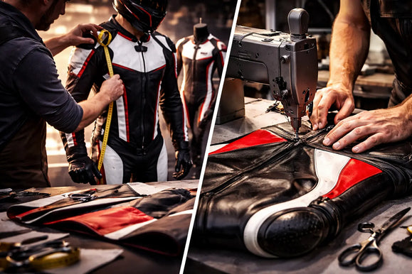 Tailored motorcycle suit fitting and detailed sewing of leather gear with red, white, and black panels on a workbench.
