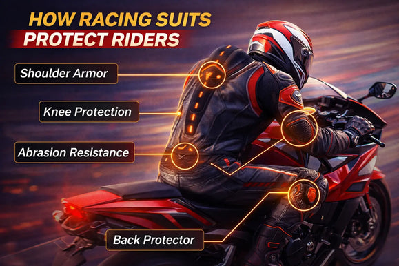 Motorcyclist on a red bike wearing a racing suit highlighting shoulder armor, knee protection, abrasion resistance, and back protector for safety.