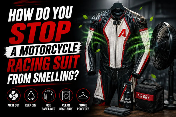 Tips for preventing odor in motorcycle racing suits, including washing, drying, and using odor-fighting products.