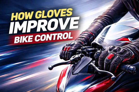 Close-up of hands in gloves gripping a motorcycle's handlebars, emphasizing the importance of gloves for better bike control.