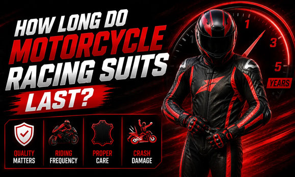 Motorcycle racer's black and red suit with helmet, highlighting factors affecting suit longevity and a 5-year durability gauge.