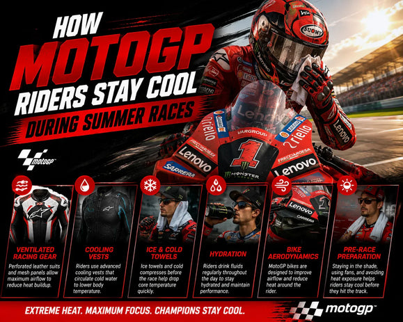 Infographic showing how MotoGP riders stay cool during summer races, including gear, vests, towels, hydration, bike aerodynamics, and pre-race prep, with a rider in racing suit and helmet.