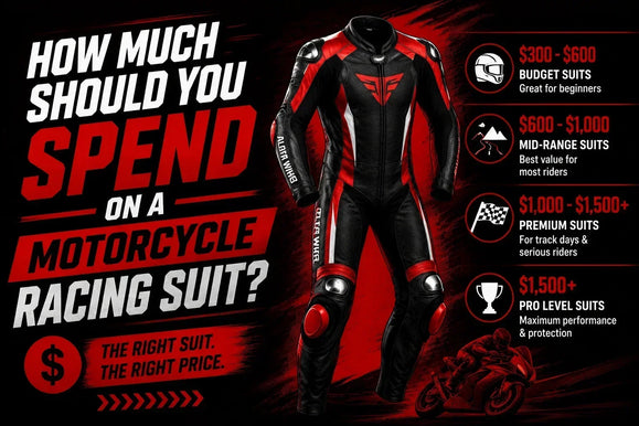 A graphic showing a price range for motorcycle racing suits, with budget, mid-range, and premium options labeled.
