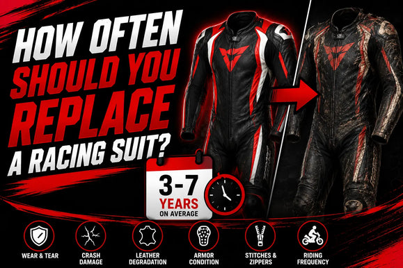 How often to replace a racing suit: 3-7 years on average, considering wear, crash damage, leather degradation, armor, stitches, and riding frequency.