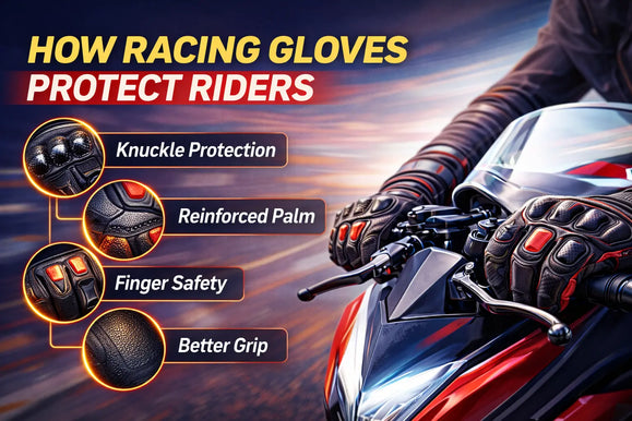 Rider's hands gripping a motorcycle handlebar, with text highlighting racing gloves' features: knuckle protection, reinforced palm, finger safety, and better grip.