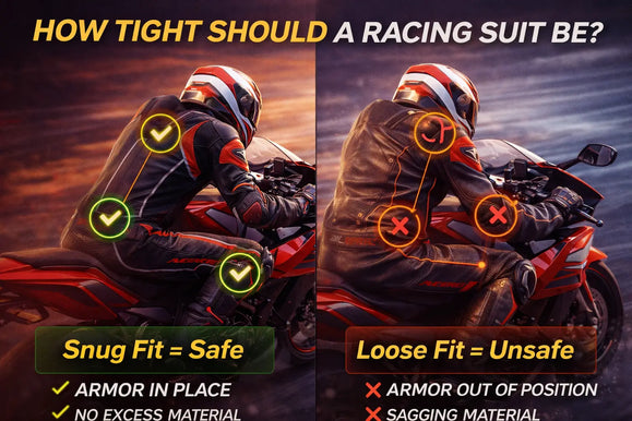 Comparison of snug versus loose racing suit fit on motorcyclists, highlighting snug fit as safe with armor in place and loose fit as unsafe with sagging armor.