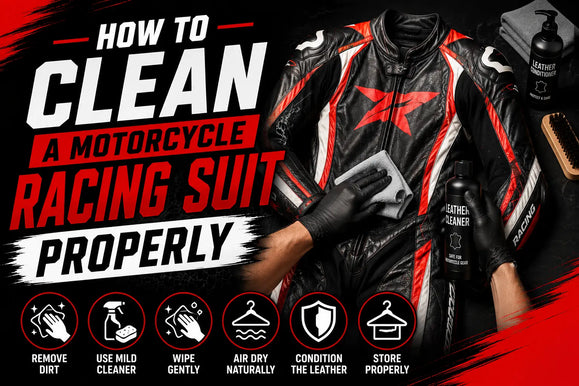 How to clean a motorcycle racing suit properly with steps and leather cleaner, conditioner, and gloves shown.
