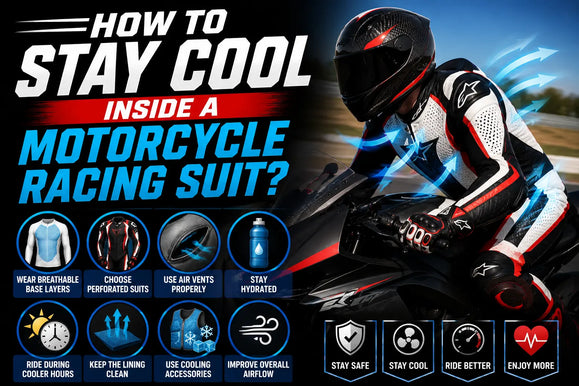 Tips on staying cool inside a motorcycle racing suit, including wearing breathable layers, using vents, staying hydrated, and improving airflow.
