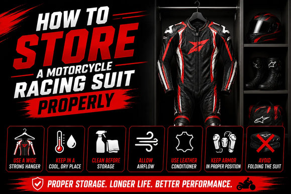 Infographic showing tips to store a motorcycle racing suit properly with icons and a hanging black and red racing suit.