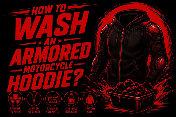 Illustration showing steps and instructions for washing an armored motorcycle hoodie with protective pads and a soapy basin.