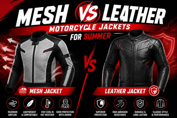 Comparison of mesh vs leather motorcycle jackets for summer, highlighting airflow, comfort, protection, durability, and style differences.
