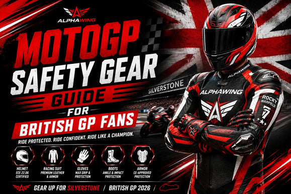 MotoGP safety gear guide for British GP fans with a rider in red and black gear and Silverstone racetrack background.