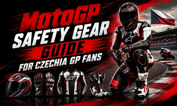 MotoGP Safety Gear Guide for Czechia GP Fans featuring a racer in full gear, protective equipment, and the Czech flag.