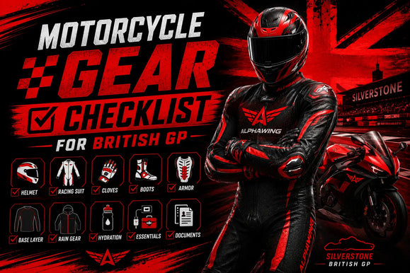 Checklist of essential motorcycle gear for the British Grand Prix, including helmets, gloves, and protective clothing.