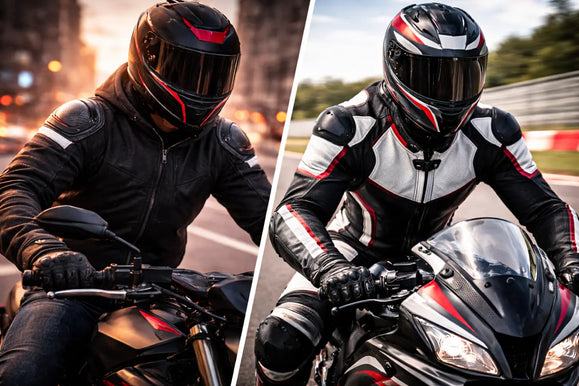 Two motorcyclists wearing black and red helmets and gear riding on different bikes in urban and race track settings.