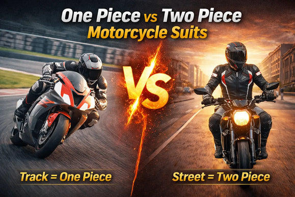 Split image comparing one-piece motorcycle suit on a track racer and two-piece suit on a street rider, highlighting their different uses.