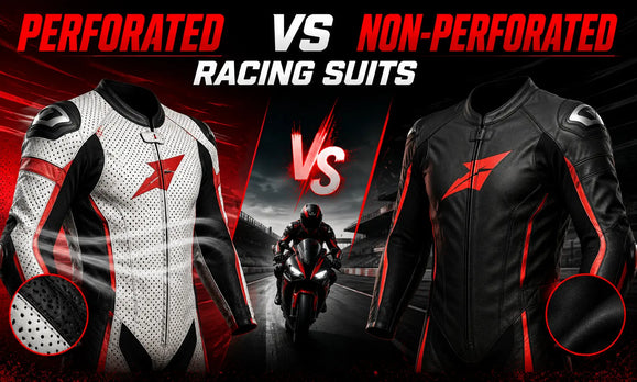 Comparison of perforated versus non-perforated racing suits with highlighted fabric details and a motorcyclist in the background.